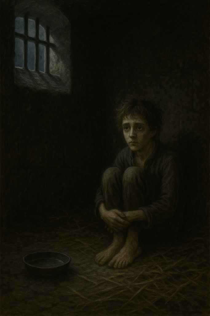 A young boy sitting alone in a dimly lit cell, hugging his knees with a sad expression. He has unkempt hair and is dressed in ragged clothing, with a bowl on the straw-covered floor beside him. A barred window lets in a small amount of light.