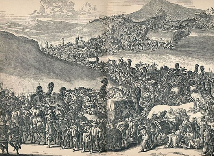 An illustration depicting a large caravan of people and animals, representing Mansa Musa's pilgrimage to Mecca, showcasing the grandeur and scale of the journey.