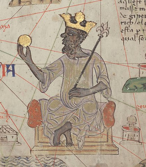An illustration of a king, wearing a crown and holding a gold coin, seated on a throne, representing the wealth and power of the Mali Empire.