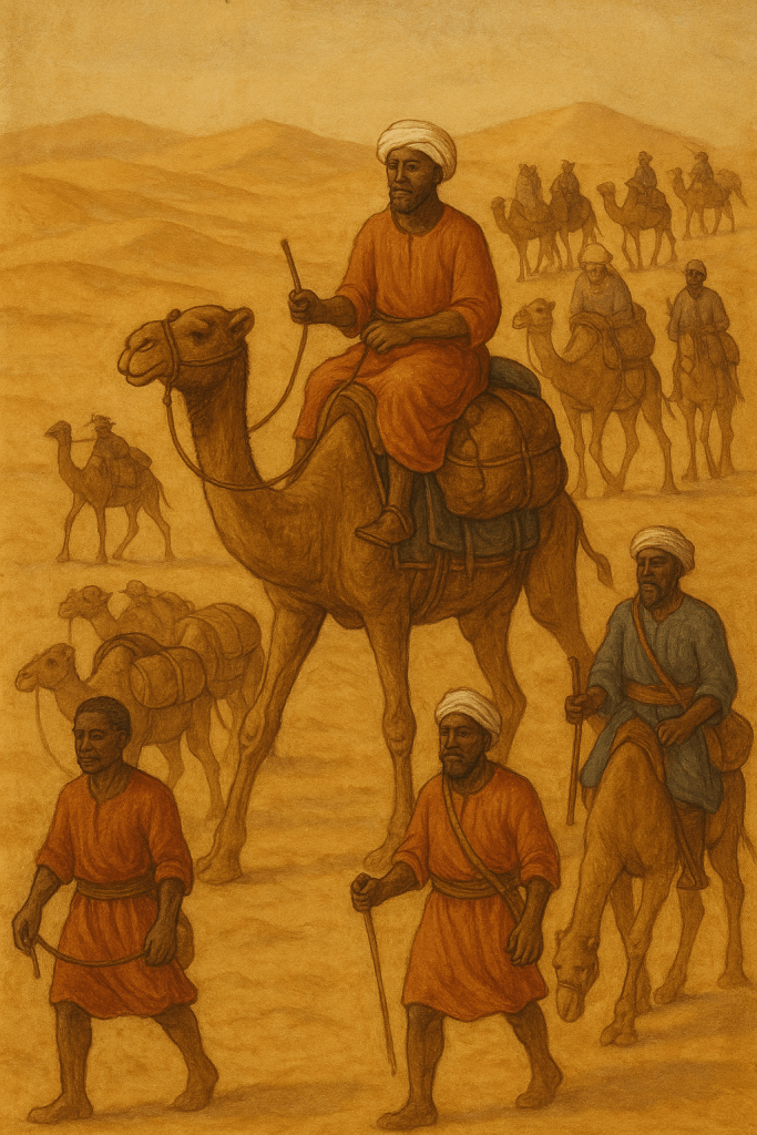 A group of travelers, including a man riding a camel, journeying through a desert landscape, with additional camels and figures in the background.