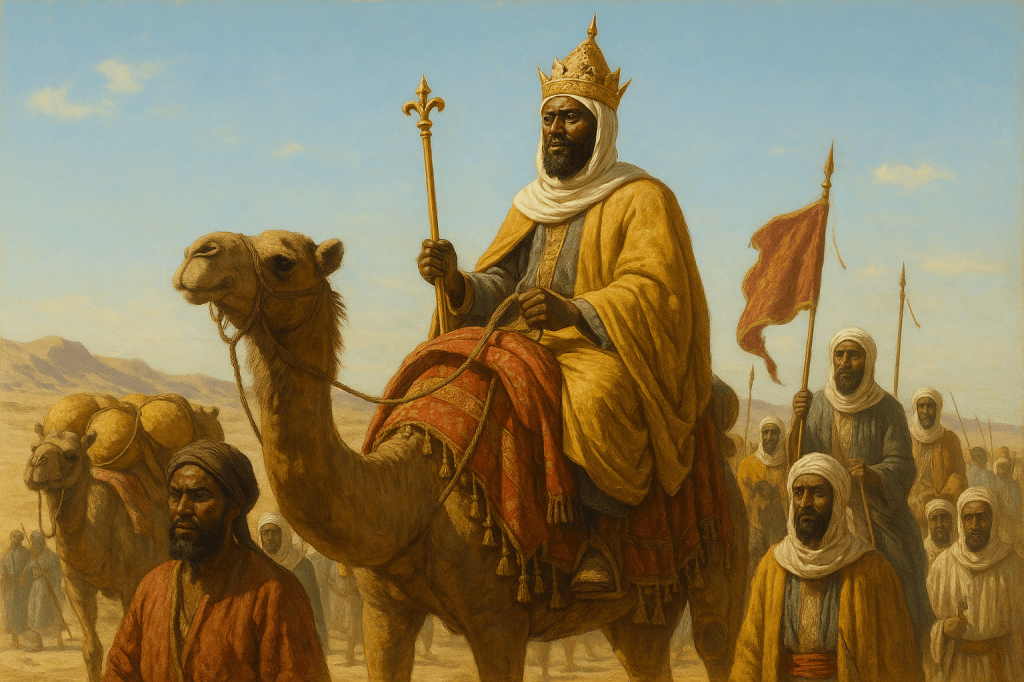 A regal figure, depicted as a king, rides a camel with a golden crown and a scepter, accompanied by a procession of followers in a desert landscape.