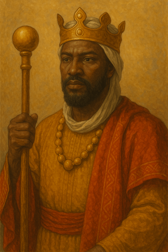 A regal figure wearing a golden crown and adorned in royal robes, holding a staff, symbolizing leadership and authority.