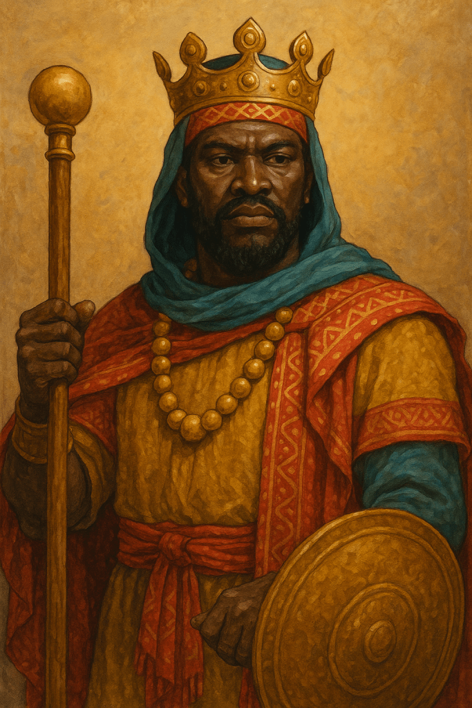 A regal figure dressed in traditional West African attire, wearing a crown and holding a staff, symbolizing leadership and authority in the Mali Empire.