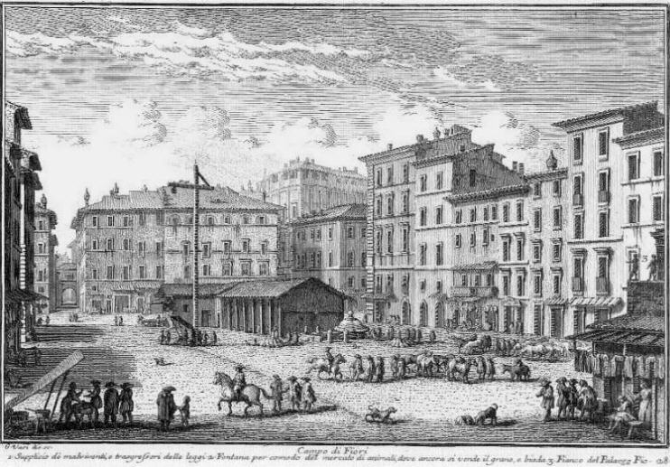 Historic engraving of Campo de' Fiori square in Rome, showcasing buildings, market stalls, and people in the bustling square.