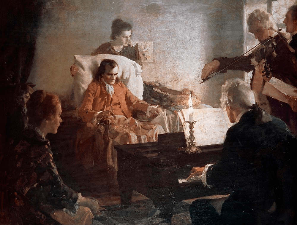 A historical scene depicting a woman seated in a chair, surrounded by others in a dimly lit room. A group of musicians is playing while one man is seated at a piano, with candles illuminating the space.