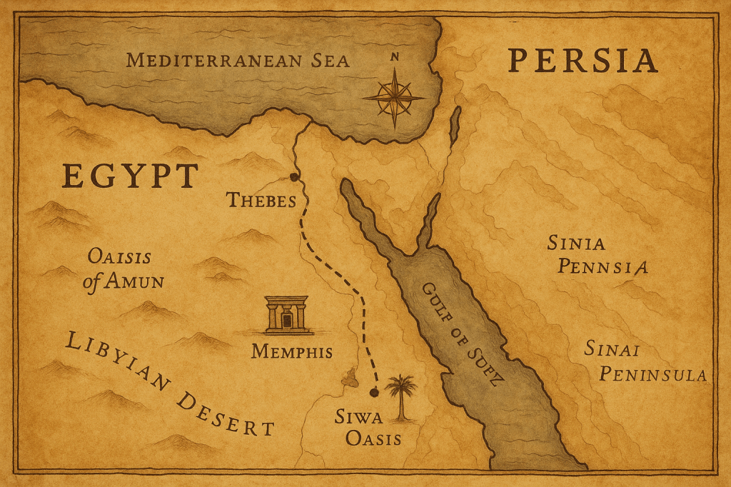 A historical map illustrating ancient Egypt, featuring key locations such as Thebes, Memphis, Siwa Oasis, and the Oasis of Amun, with the Mediterranean Sea and Persia indicated at the top.