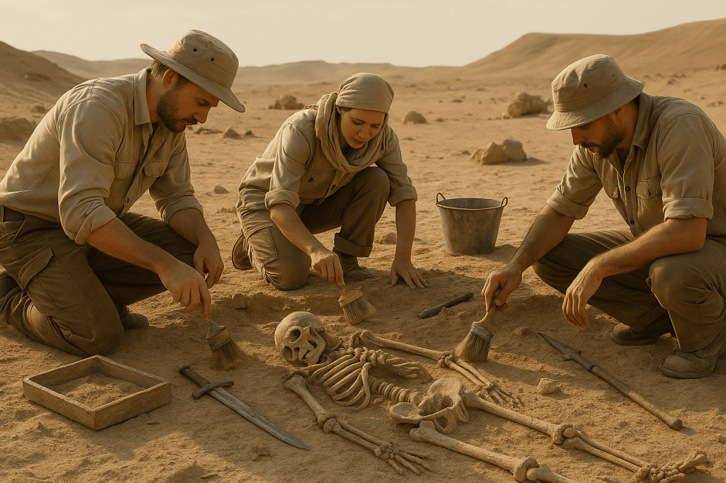 Three archaeologists excavating a skeleton in the desert, carefully brushing away sand, with tools and a bucket nearby.