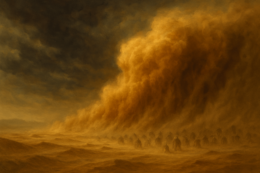 A dramatic depiction of a sandstorm engulfing a group of soldiers in a desert landscape, highlighting the chaos and danger of the situation.