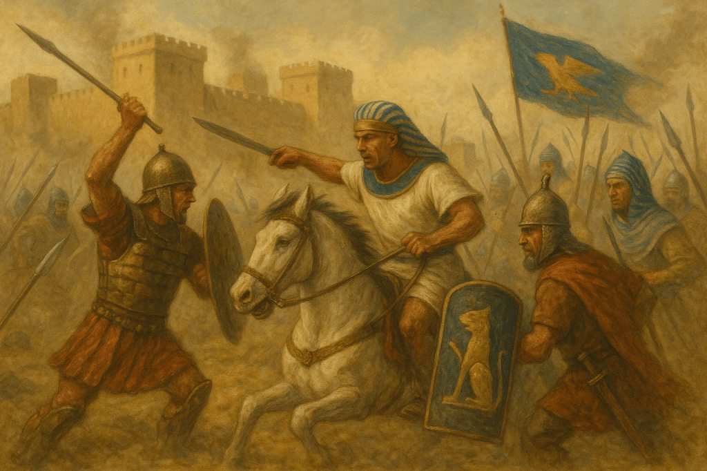 An artistic depiction of a battle scene featuring a Persian soldier on horseback confronting an Egyptian warrior. The Persian soldier is armed with a sword and a shield, while the Egyptian warrior is poised with a spear. The background features a castle and other soldiers engaged in combat.