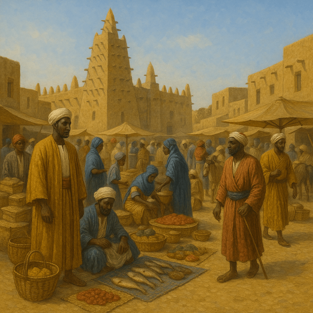 A vibrant market scene in the ancient city of Timbuktu featuring various traders and buyers engaged in commerce. Stalls display baskets of fruits, vegetables, and fish against the backdrop of traditional Saharan architecture.