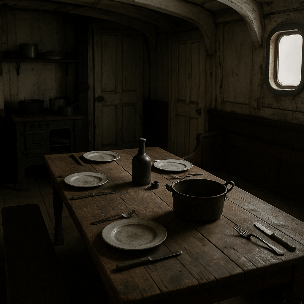 An interior view of a ship's galley, featuring a wooden table set with plates, forks, and a knife, along with a bottle and a pot, surrounded by rustic walls and a window.