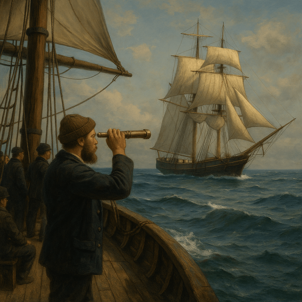 A sailor on a wooden ship using a telescope to observe another ship in the distance at sea, with a calm ocean and cloudy sky in the background.