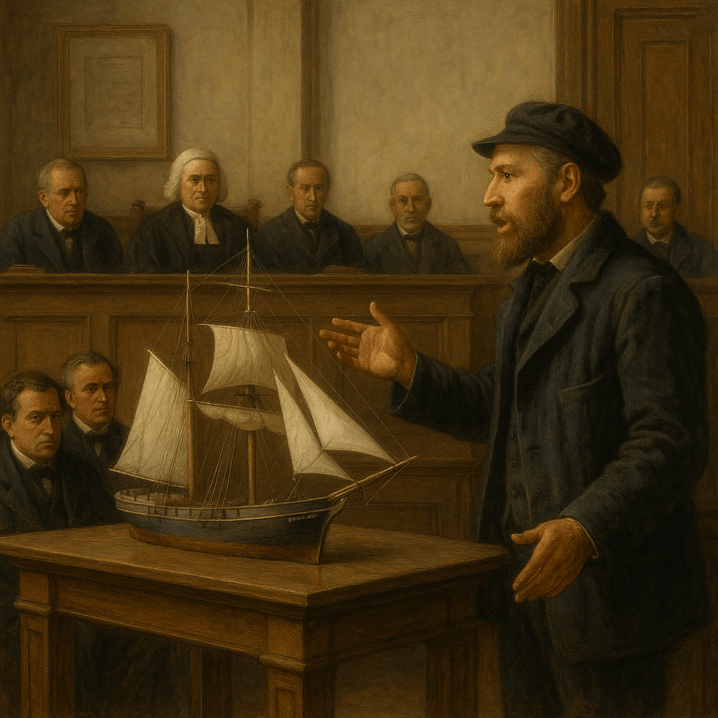 A courtroom scene featuring a man gesturing passionately while presenting a model ship to a panel of judges and attendees, capturing the atmosphere of a maritime legal hearing.