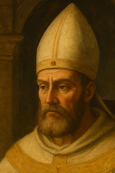 Portrait of Pope Sergius III, depicted wearing a papal mitre and ceremonial robes, seated in a dimly lit space with a candle beside him.